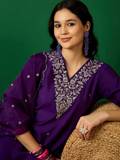 Indyancart SN Women's Purple Floral Embroidered V-Neck Sequinned Straight Kurta With Trouser & Dupatta