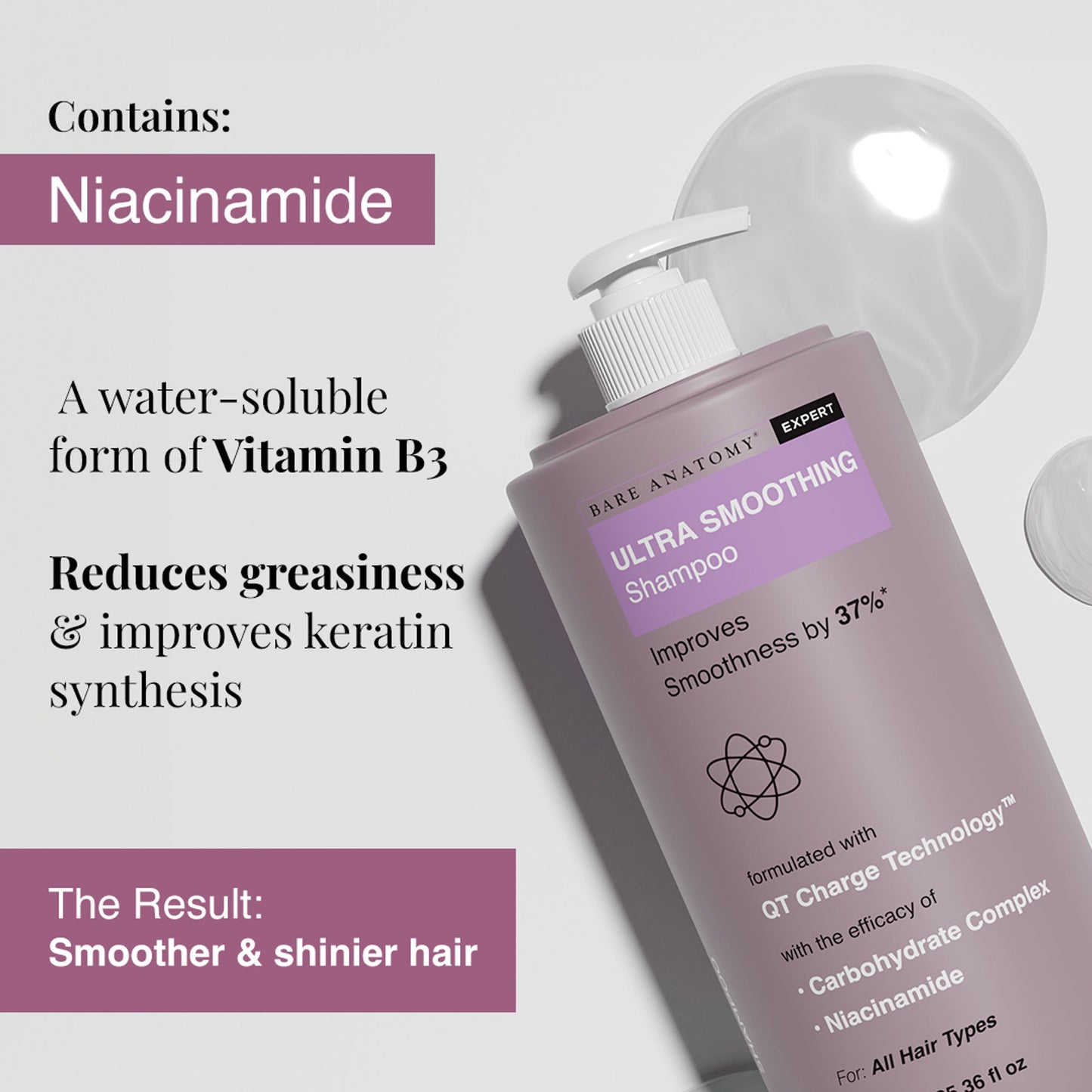 Bare Anatomy Ultra Smoothing Shampoo for Dry and Frizzy Hair Niacinamide Paraben & Sulphate Free