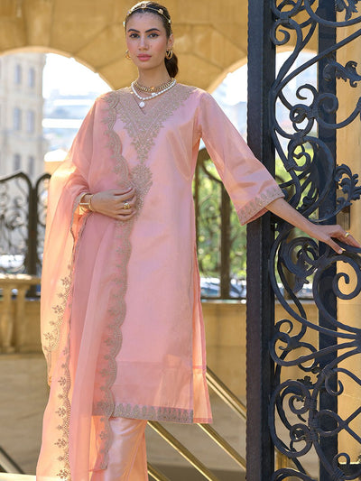 Indyancart IE Women Ethnic Motifs Embroidered Regular Sequinned Kurta with Trousers & With Dupatta