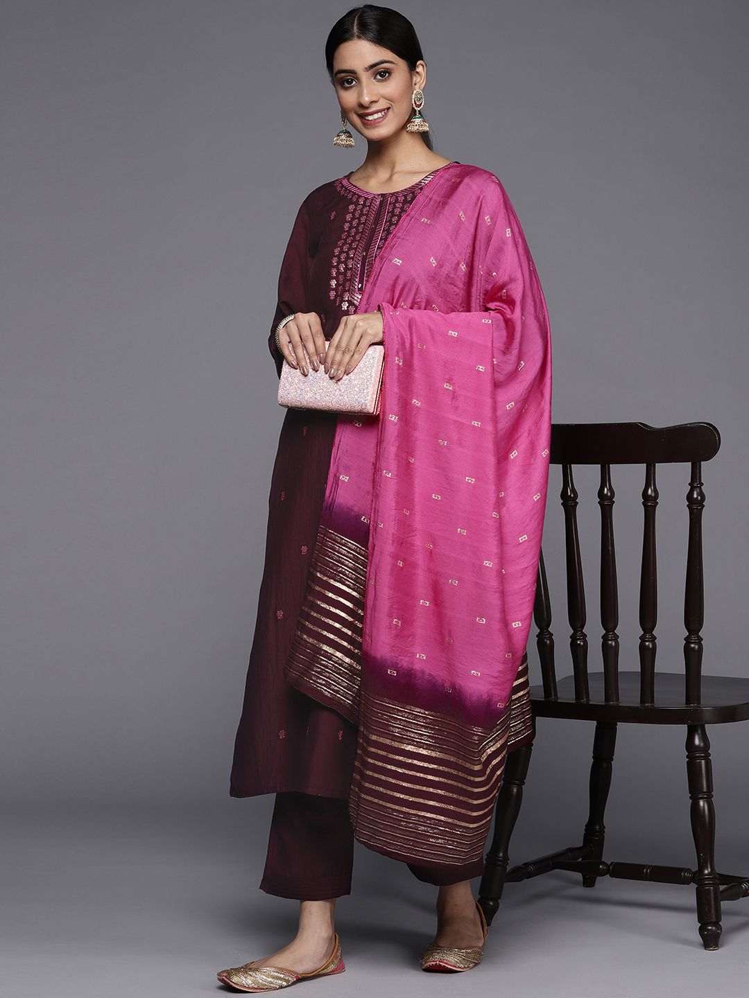 Indyancart VA Women's Burgundy Floral Embroidered Sequinned Kurta with Trousers & Dupatta