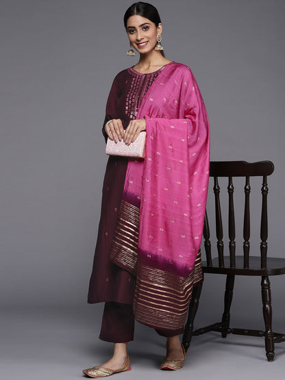 Indyancart VA Women's Burgundy Floral Embroidered Sequinned Kurta with Trousers & Dupatta