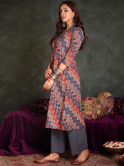 Indyancart IE Ethnic Motifs Printed Pure Cotton Kurta With Trousers