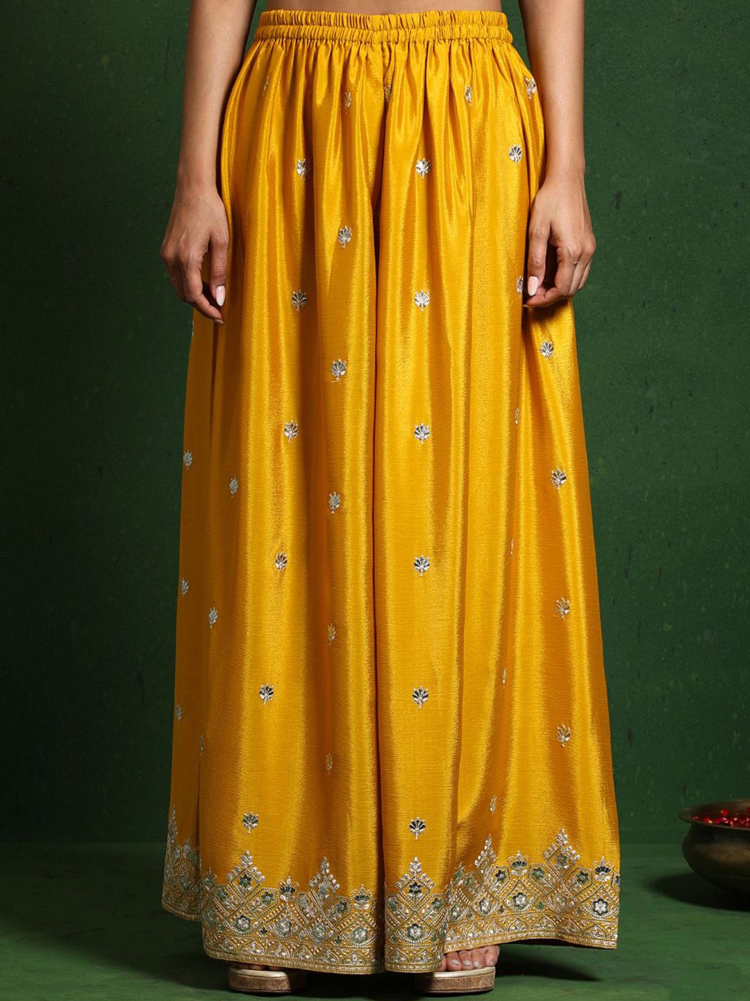 Indyancart VA Floral Embroidered Zari Work Straight Kurta With Palazzos & Dupatta