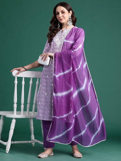 Indyancart IE Leheriya Printed Thread Work Pure Cotton Kurta With Trousers & Dupatta