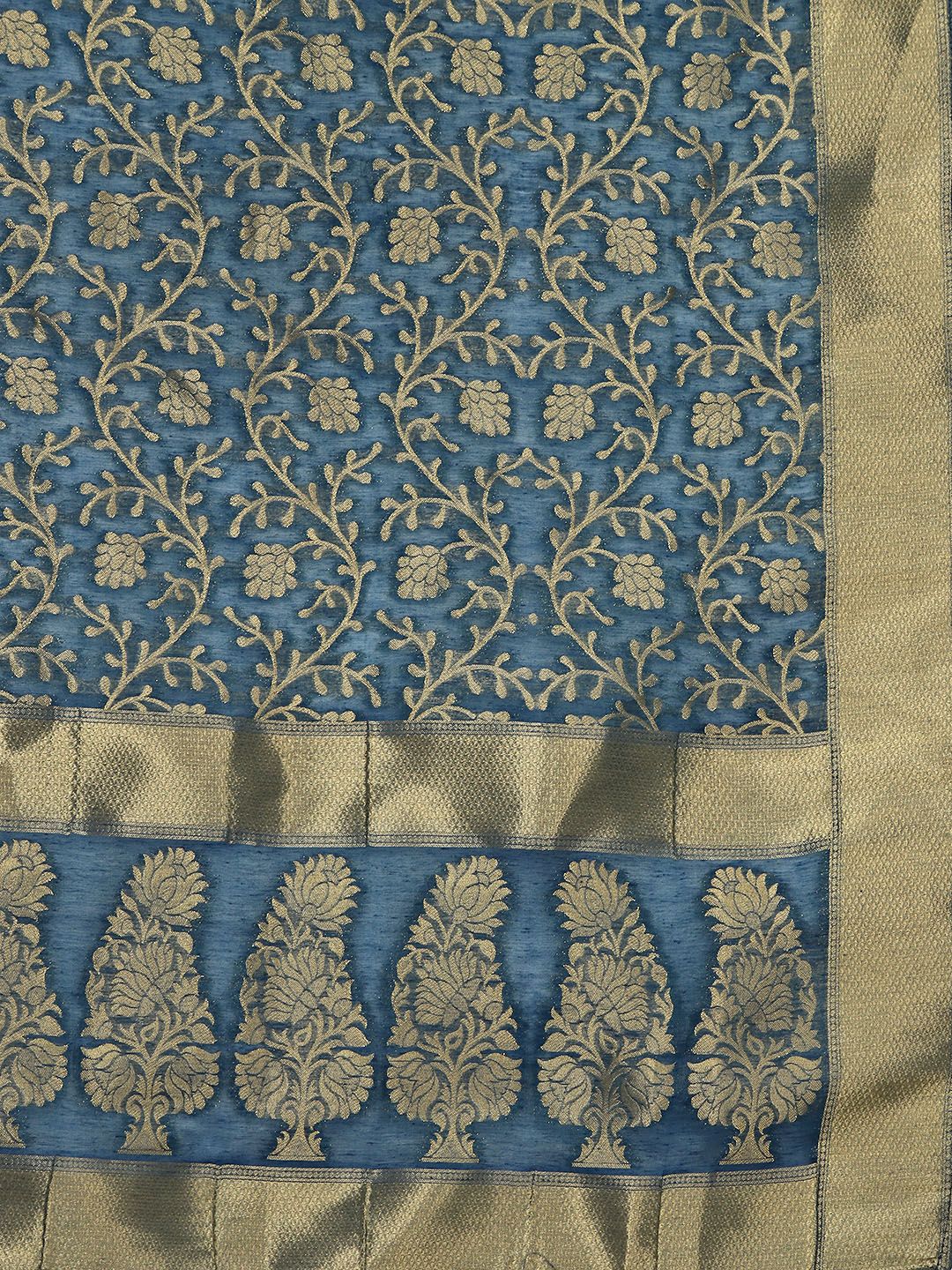 Indyancart VA Women's Blue Ethnic Motifs Embroidered Kurta with Trousers & Dupatta