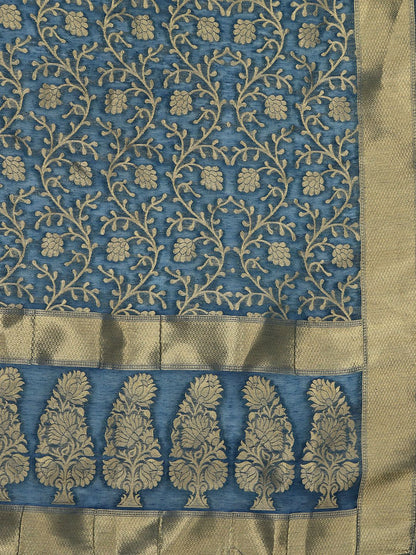 Indyancart VA Women's Blue Ethnic Motifs Embroidered Kurta with Trousers & Dupatta