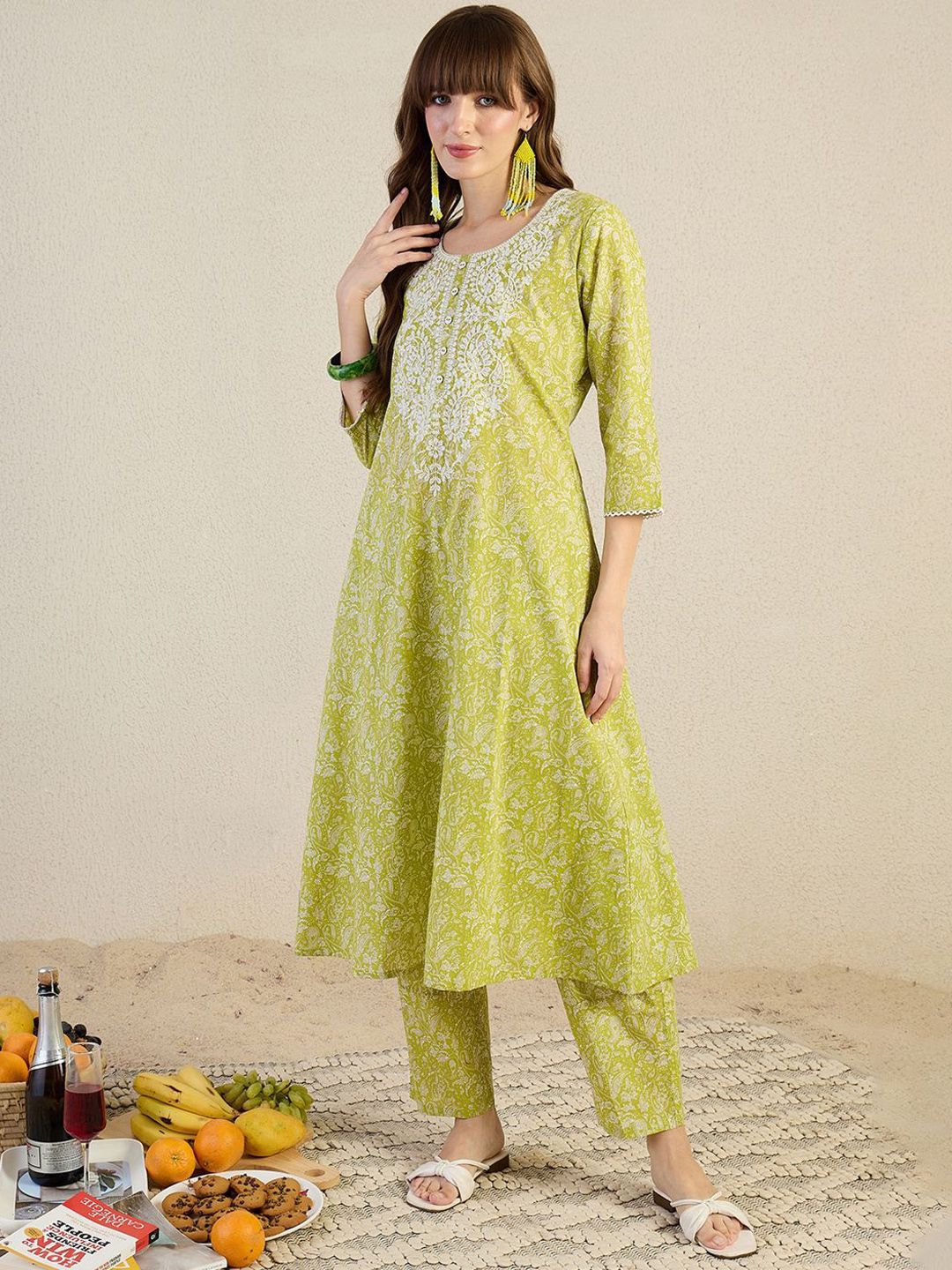 Indyancart IE Embroidered Pure Cotton Round Neck Top With Trousers Co-Ords
