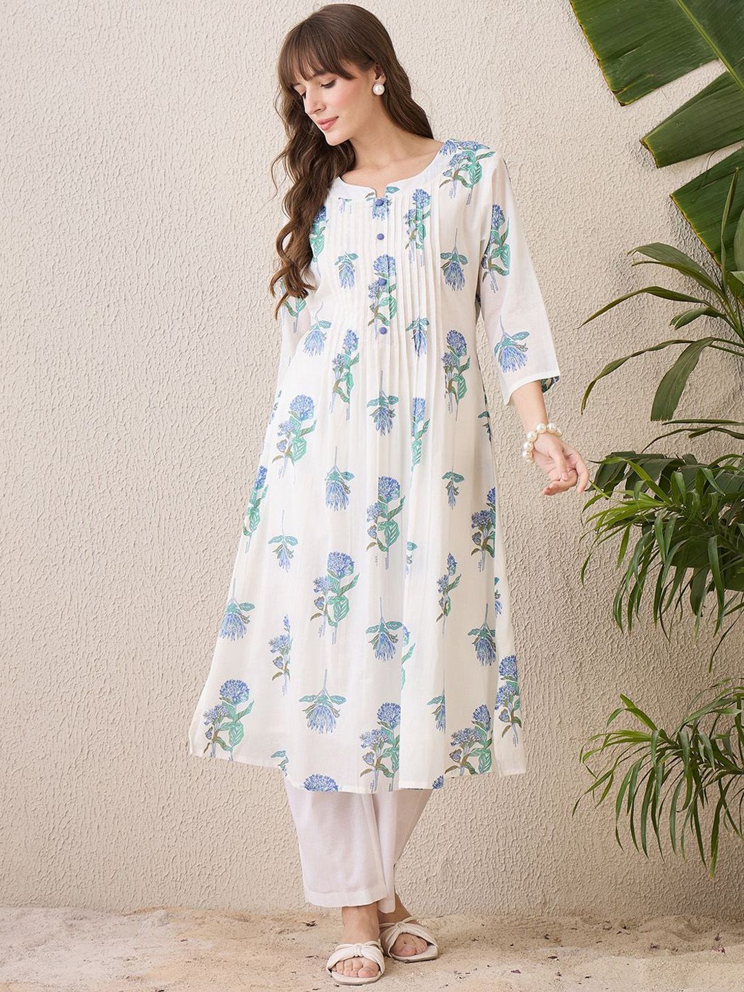 Indyancart IE Floral Printed Round Neck Pure Cotton A-Line Kurta With Trouser