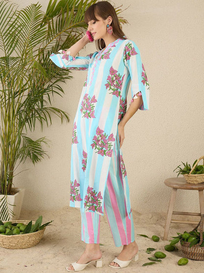 Dhiyona IE Printed Pure Cotton Straight Tunic & Trousers Co-Ord Set