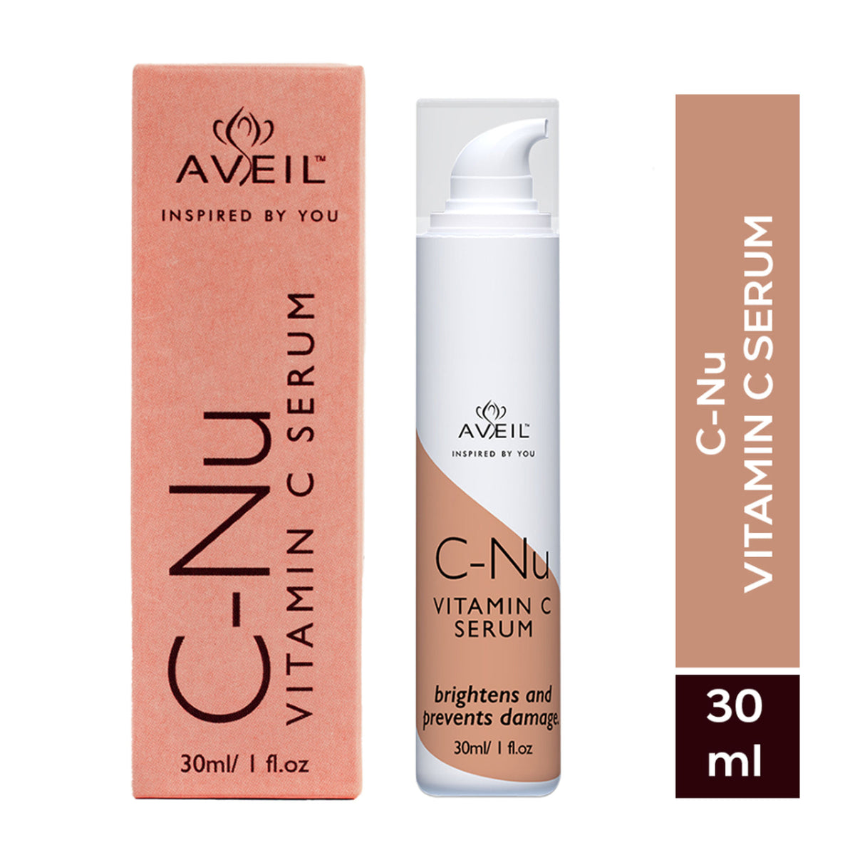 AVEIL C-Nu Vitamin C Serum bottle with dropper, clear liquid inside, and minimalist packaging for skincare.