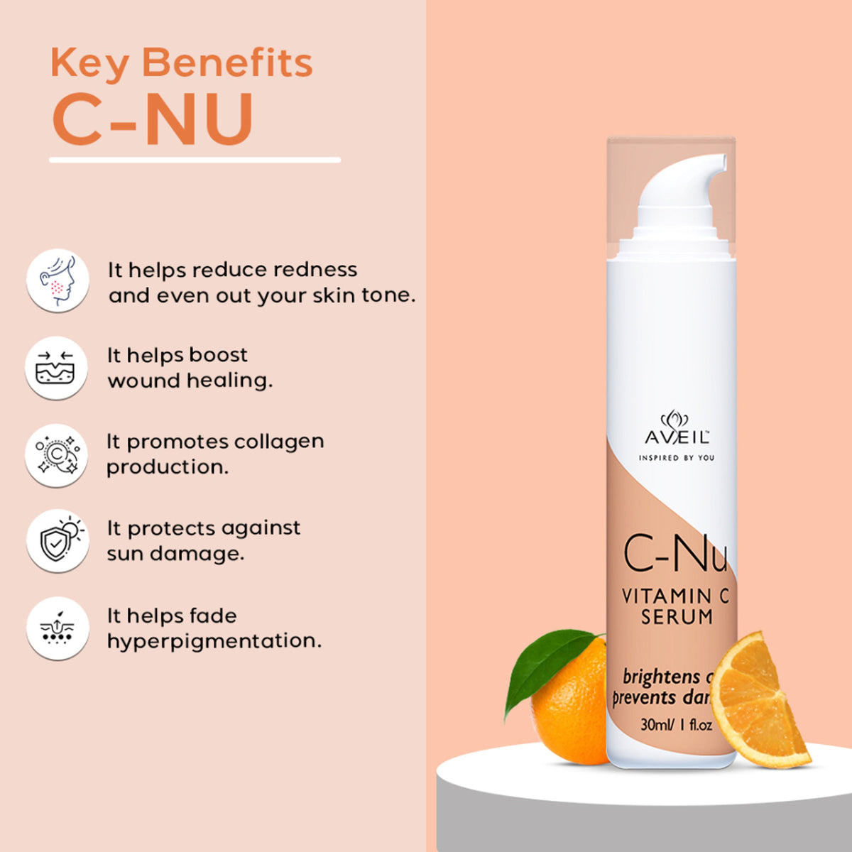 AVEIL C-Nu Vitamin C Serum bottle with dropper, clear glass container and bright orange label, on a white background.