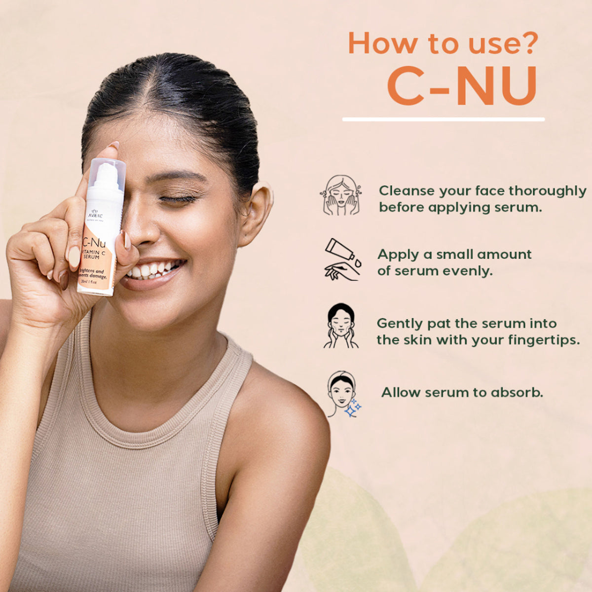 AVEIL C-Nu Vitamin C Serum bottle with dropper, clear glass container showing bright orange serum inside.
