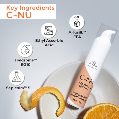 AVEIL C-Nu Vitamin C Serum bottle with dropper, clear liquid, and vibrant orange label, skincare product for brightening skin
