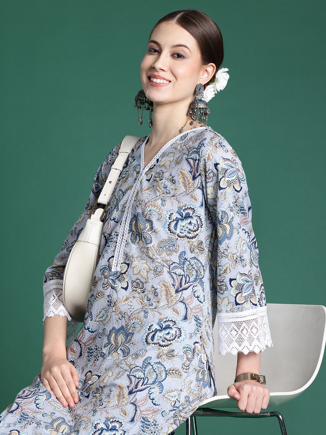 Indyancart IE Women Printed Pure Cotton Ethnic Co-Ords Set
