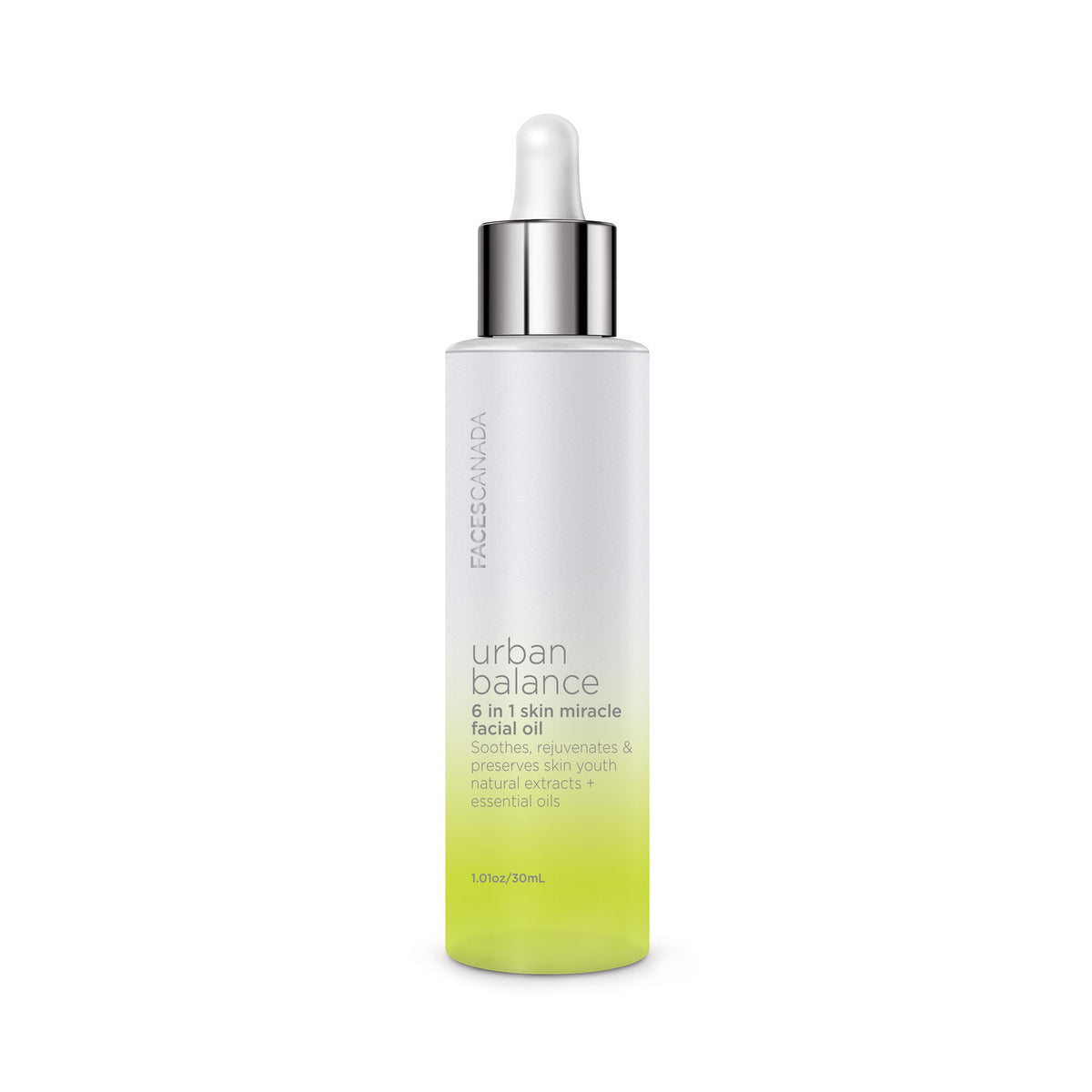 Faces Canada Urban Balance 6-in-1 Skin Miracle Facial Oil bottle with dropper, designed to nourish and hydrate skin.