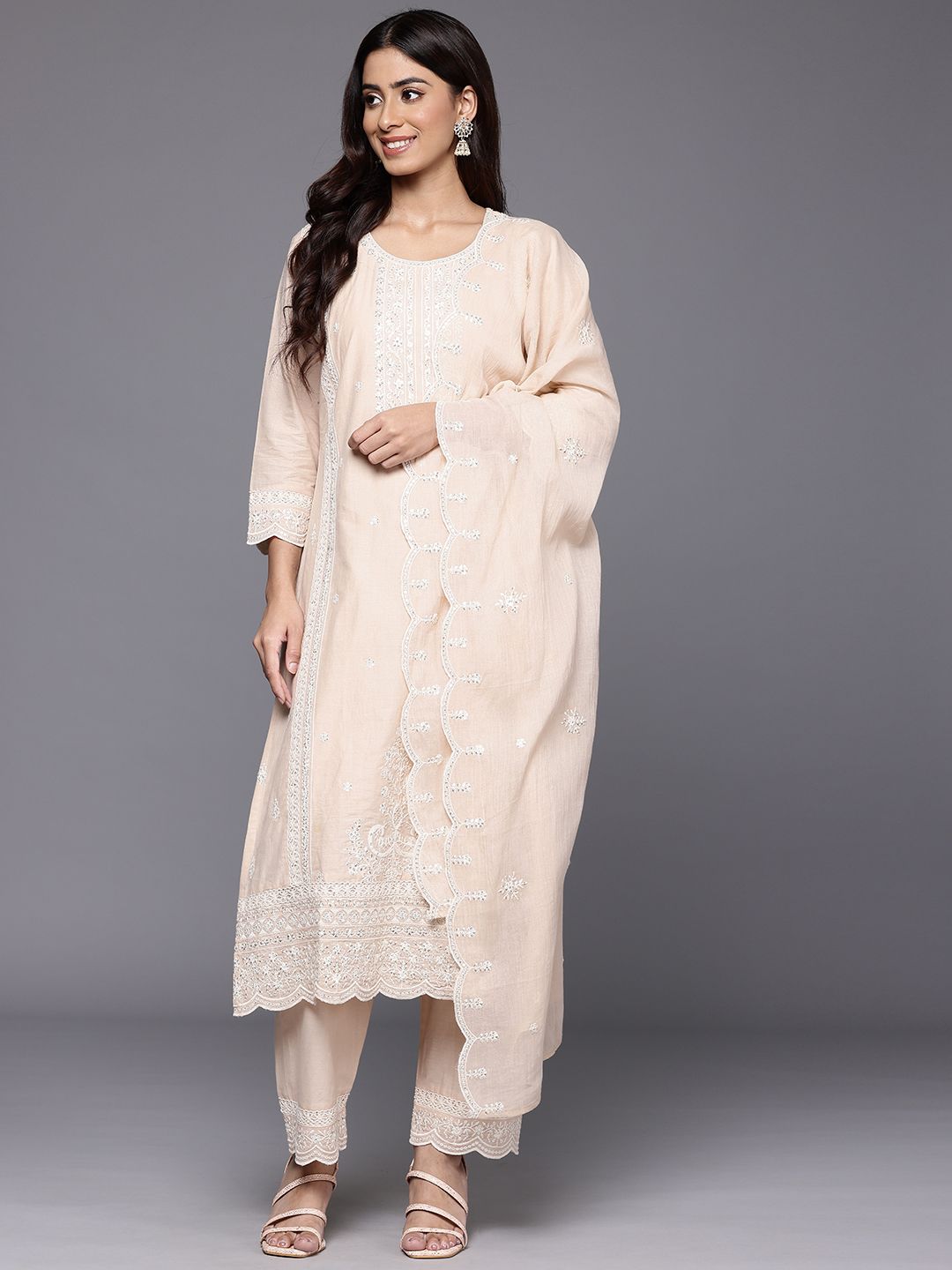 Indyancart VA Women's Embroidered Pure Cotton Kurta with Trousers & Dupatta