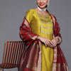 Indyancart IE Women Olive Green Ethnic Motifs Embroidered Kurta with Trousers & Dupatta