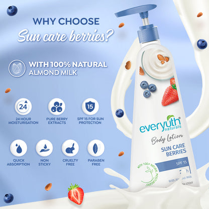 Everyuth Naturals Body Lotion - Sun Care Berries with Almond Milk, SPF 15, Non Sticky