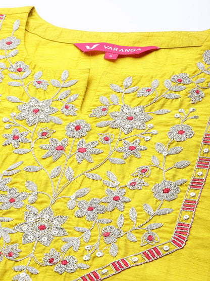 Indyancart VA Women's Mustard Yellow Floral Embroidered Kurta with Trousers & Dupatta