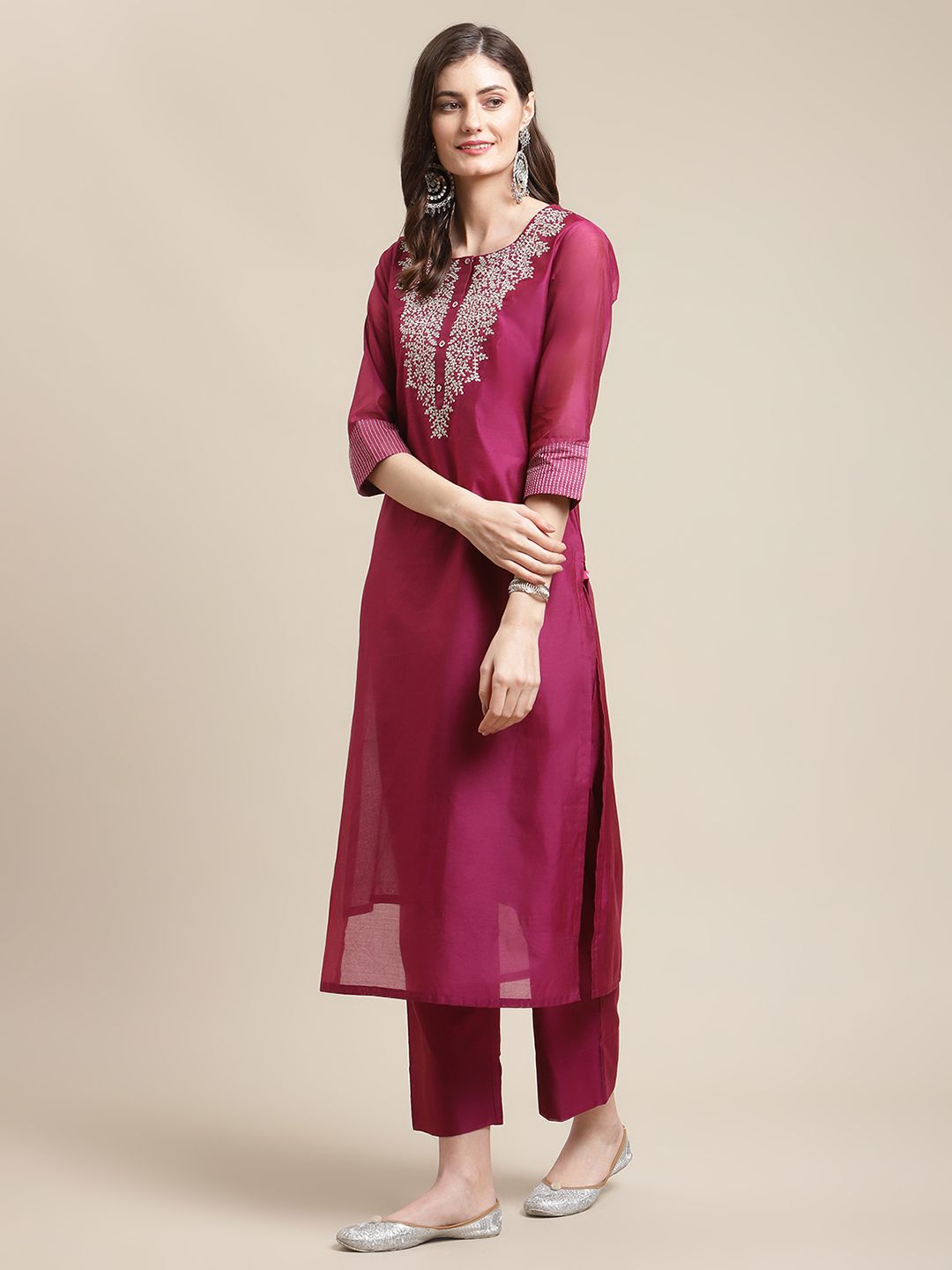 Indyancart VA Women's Magenta Floral Embroidered Chanderi Silk Kurta with Trousers & With Dupatta
