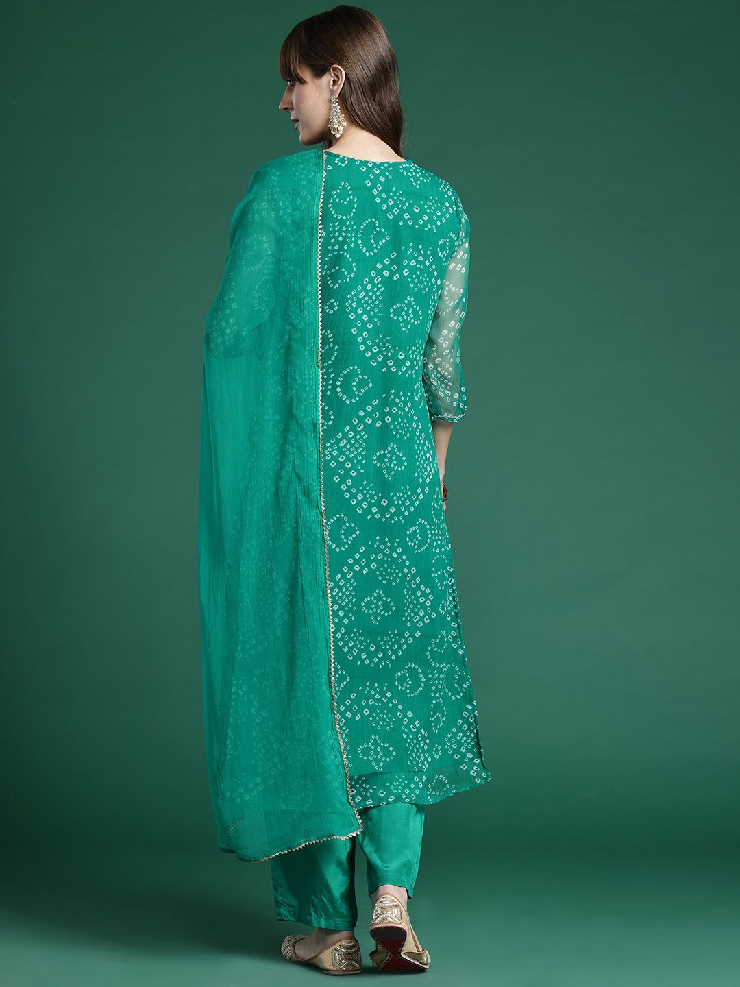 Indyancart IE Bandhani Printed Zari Panelled Kurta With Trousers & Dupatta