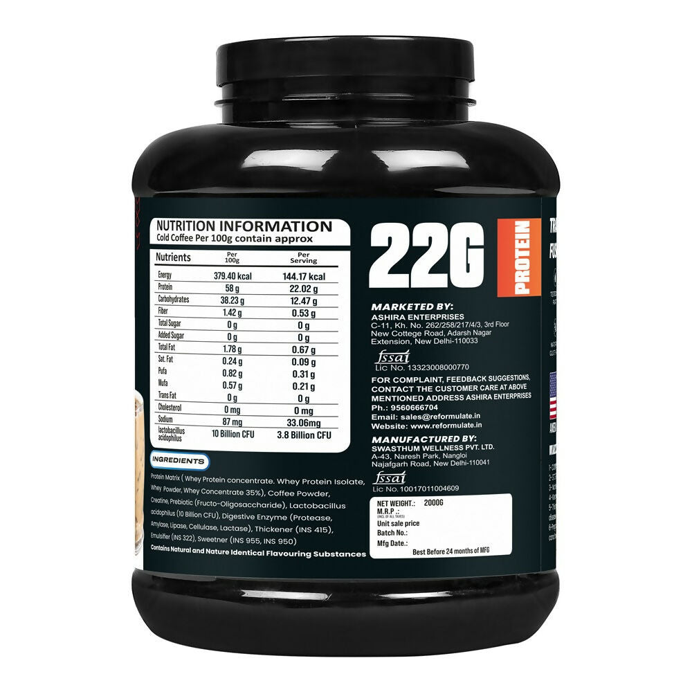 Reformulate Fusion Whey Protein With Pre & Pro Biotics I Muscle Growth I 58G Protein | 379 Kcal Energy - Cold Coffee