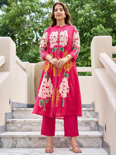 Dhiyona IE Floral Printed Mandarin Collar Pleated Pure Cotton A-Line Kurta With Trousers