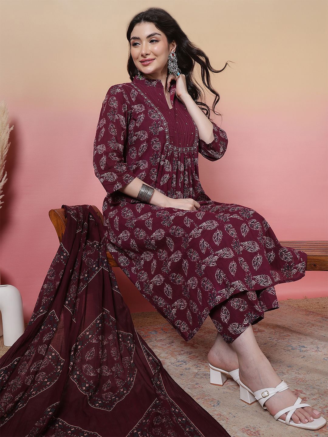 Indyancart SN Women's Floral Printed Mandarin Collar Pure Cotton Anarkali Kurta With Trouser & Dupatta