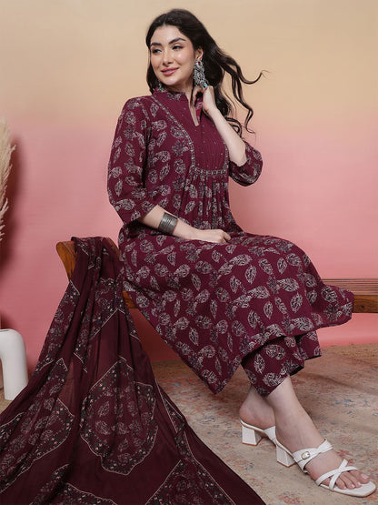 Indyancart SN Women's Floral Printed Mandarin Collar Pure Cotton Anarkali Kurta With Trouser & Dupatta