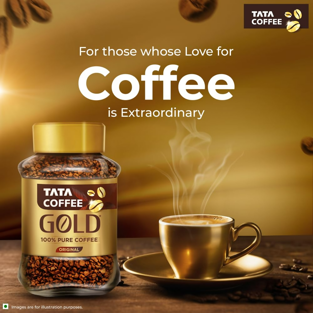 Tata Coffee Gold Original instant coffee jar with coffee powders, showcasing the jar's label and coffee powder inside