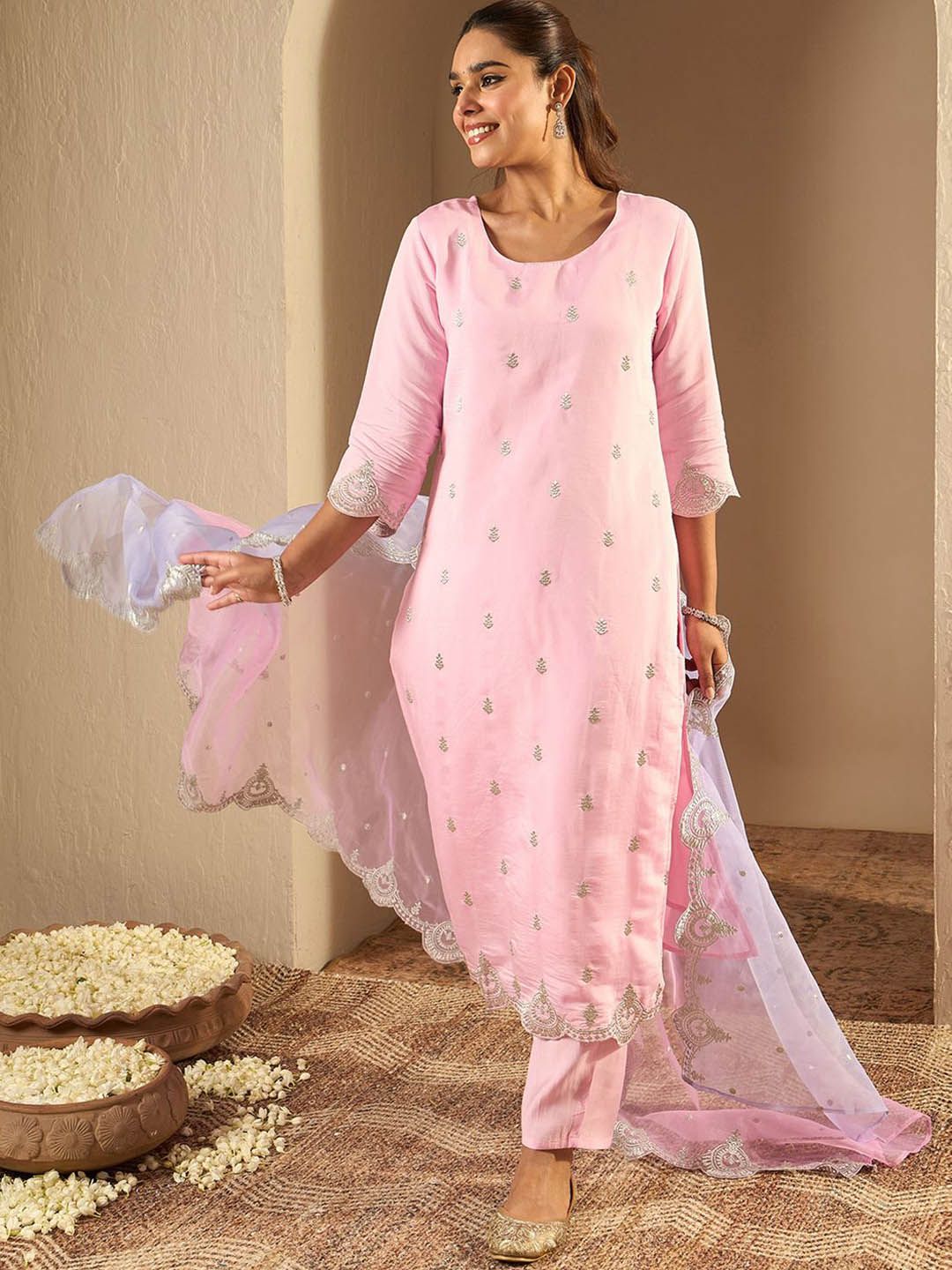 Ethnic Motifs Embroidered Straight Kurta With Trousers & Dupatta