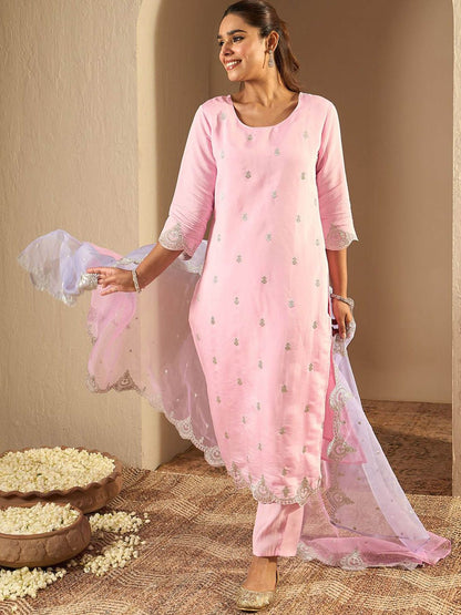Ethnic Motifs Embroidered Straight Kurta With Trousers & Dupatta