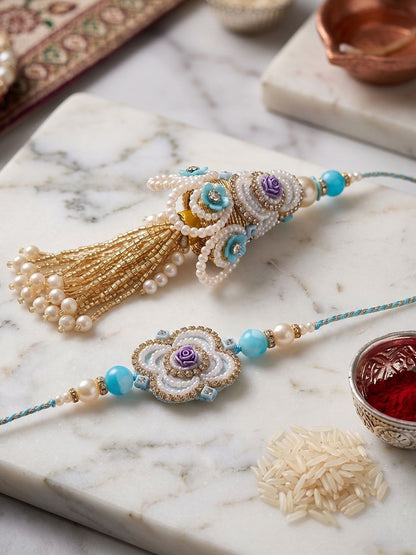 Anouk Set Of 2 Pearls & Artificial Stones Floral Bhaiya Bhabhi Rakhi With Roli Chawal