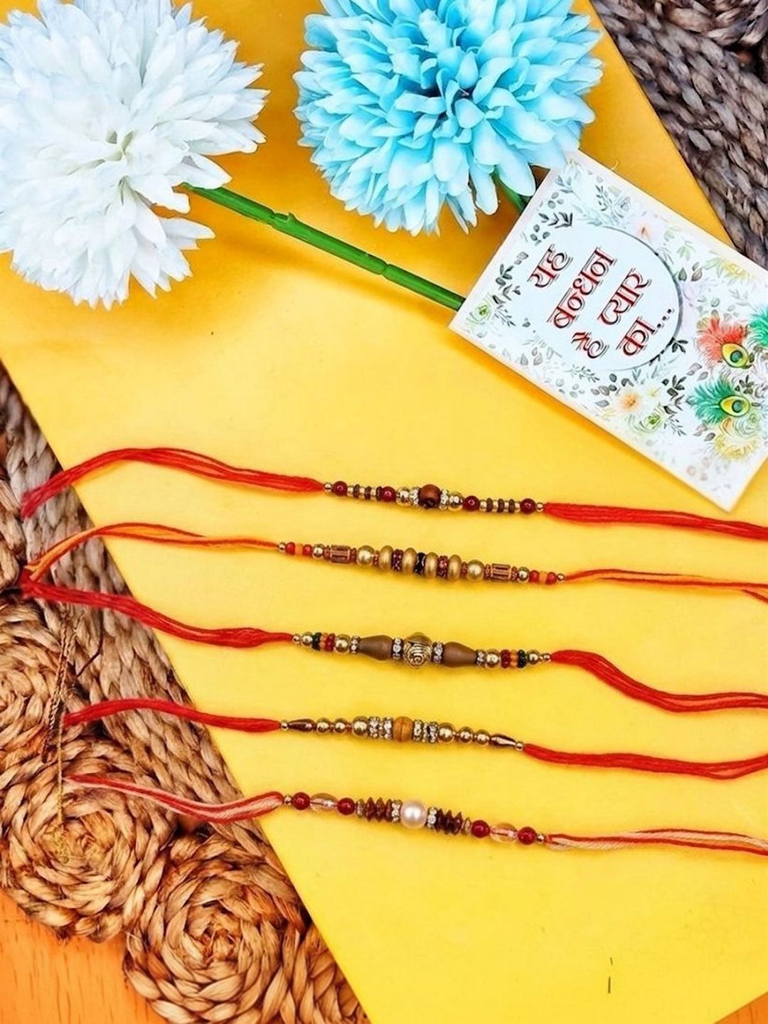 Anouk Set Of 5 Multicolor Designer Thread Rakhi With Roli Chawal Chandan Mishri