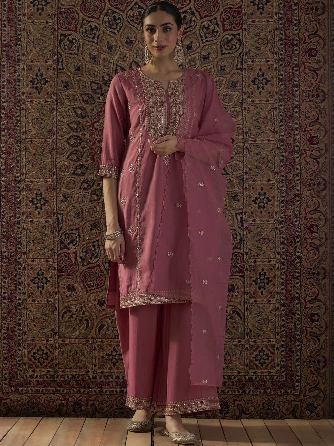 Indyancart IE Ethnic Motifs Embroidered Notch Neck Zari Kurta With Palazzos & Dupatta