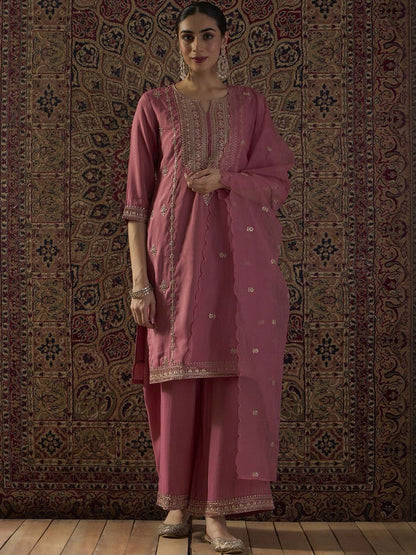 Indyancart IE Ethnic Motifs Embroidered Notch Neck Zari Kurta With Palazzos & Dupatta