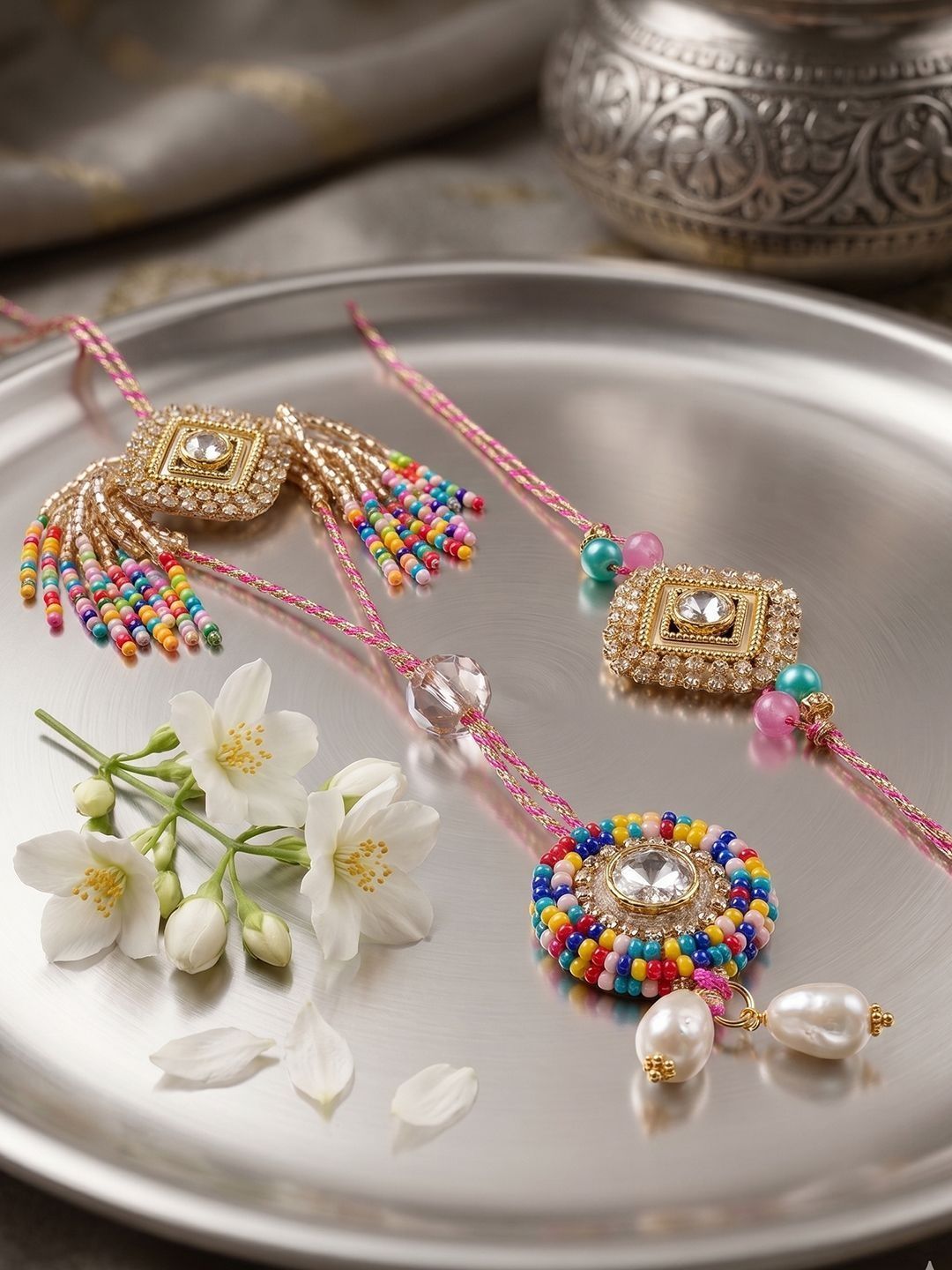 Anouk Set Of 2 White Artificial Stones Golden Toned Bhaiya Bhabhi Rakhi With Roli Chawal