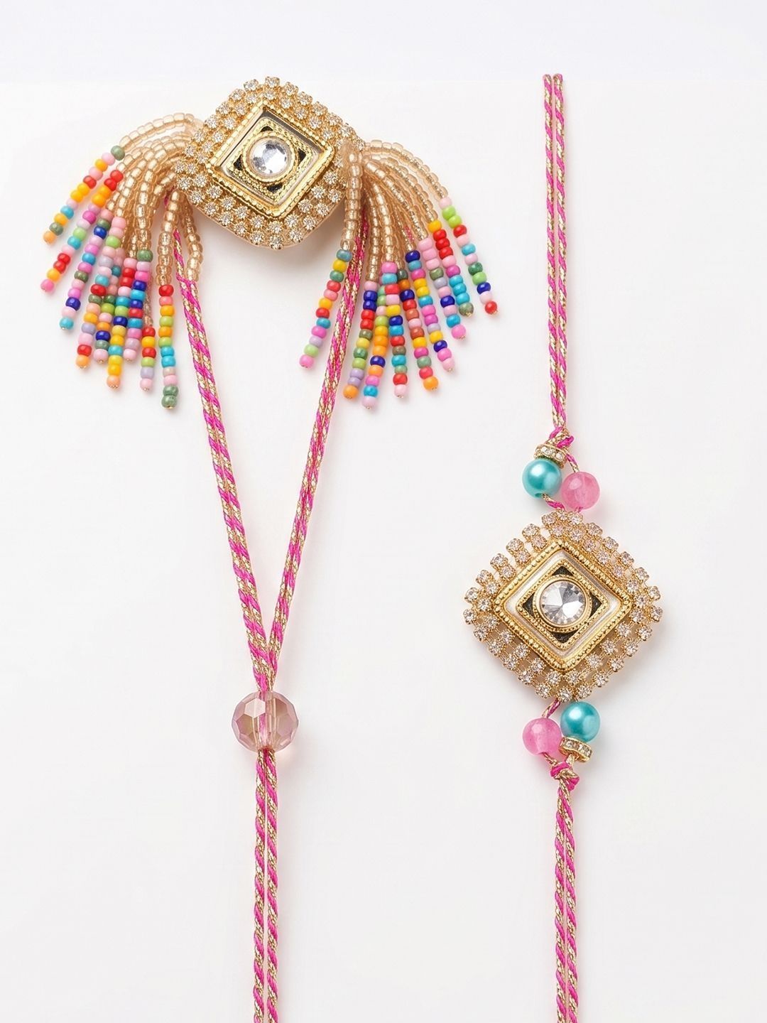 Anouk Set Of 2 White Artificial Stones Golden Toned Bhaiya Bhabhi Rakhi With Roli Chawal