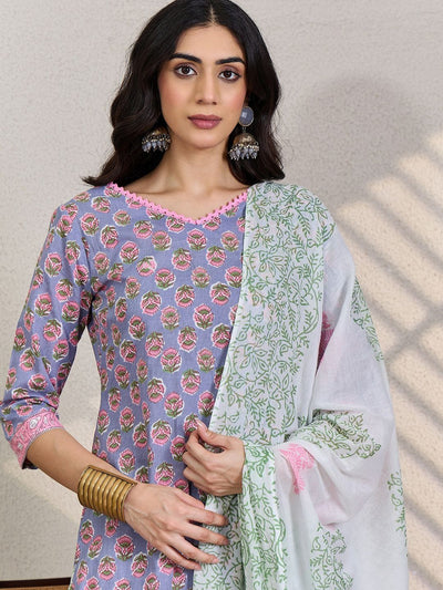 Indyancart IE Women Floral Printed V-Neck Pure Cotton Kurta with Trousers & Dupatta