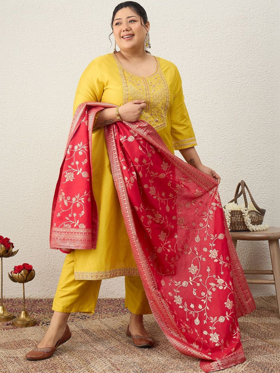 Indyancart Women's Ethnic Motifs Embroidered Regular Kurta with Trousers & With Dupatta