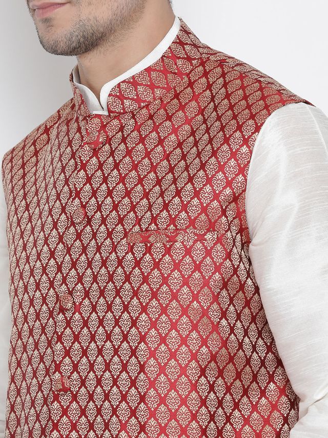 Men's Cream Silk Blend Straight Jacket  Kurta and Pyjama Set
