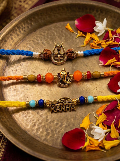 Anouk Set Of 3 Rudraksh Religious Rakhi Thread Rakhi Roli Chawal Chandan Mishri