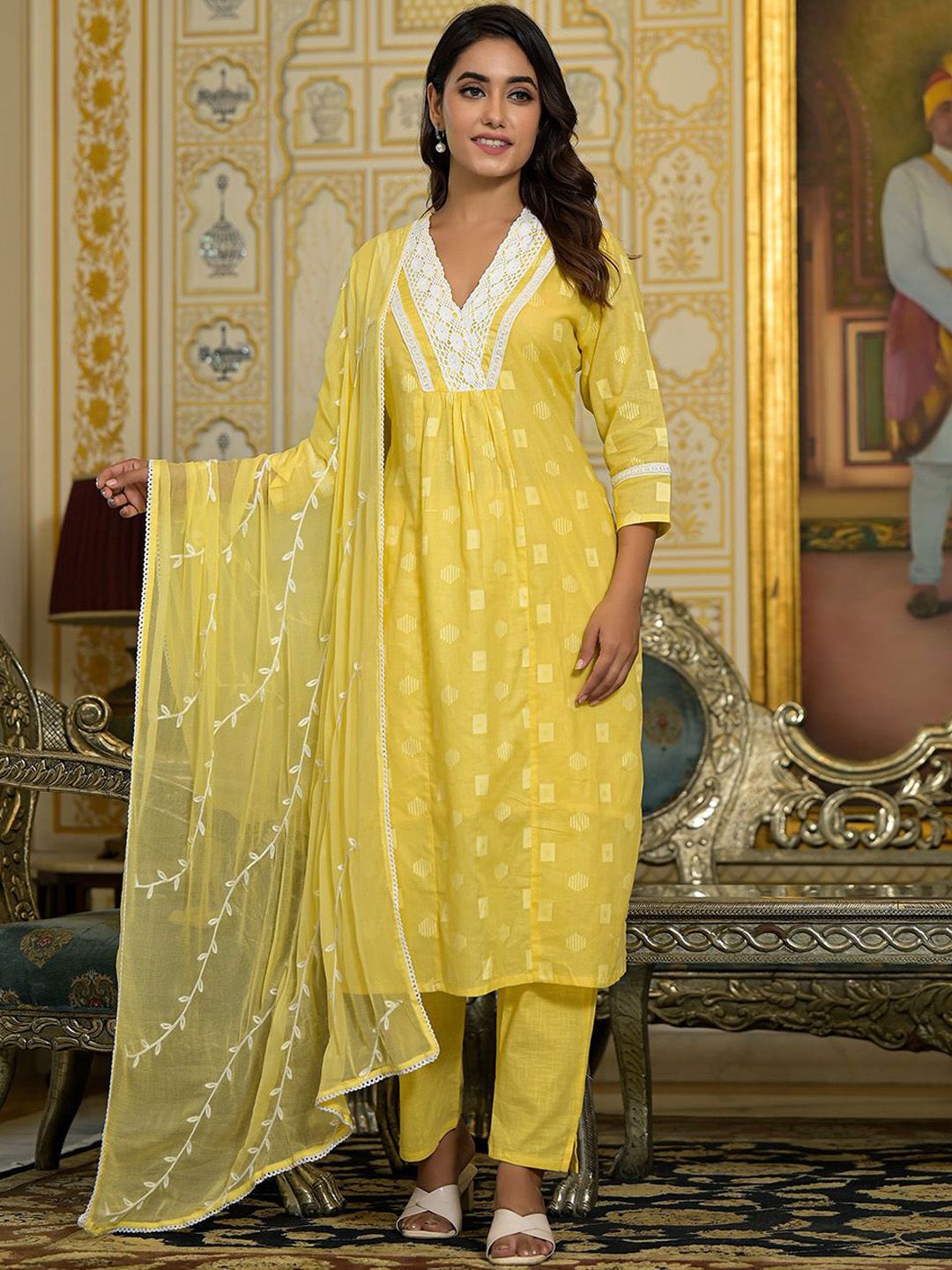 Indyancart VA Women's V Neck Gathered Flared Cotton Kurta with Trouser & Embroidered Dupatta