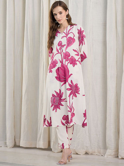 Indyancart IE Floral Printed V-Neck Tunic & Trousers