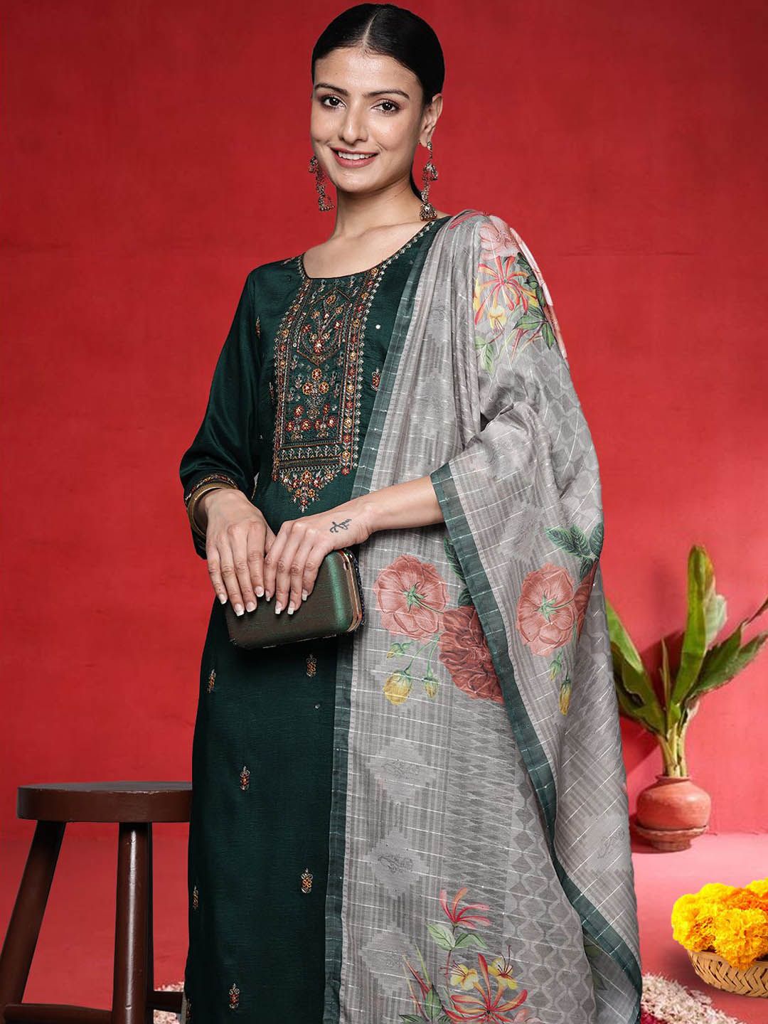 Indyancart VA Women Ethnic Motifs Embroidered Kurta with Palazzo & Dupatta