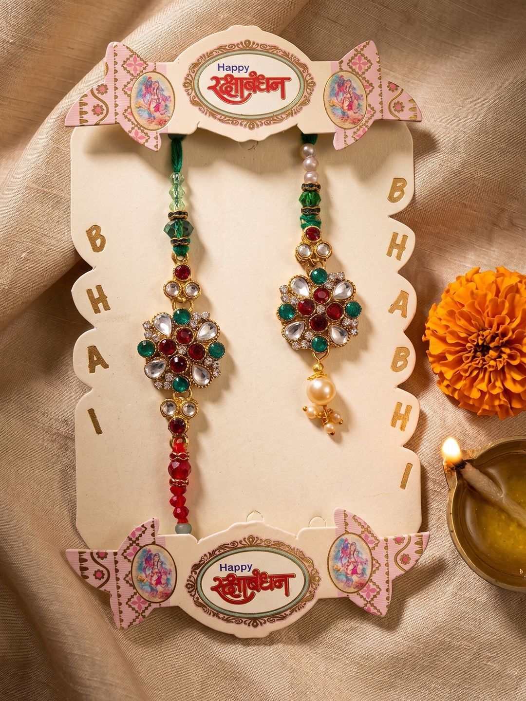 Anouk Set Of 2 Floral Design Kundan Studded Bhaiya Bhabhi Rakhi With Roli Chawal Chandan