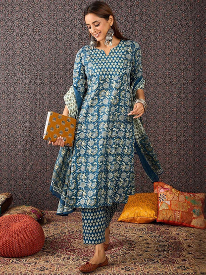 Women Ethnic Motifs Printed Cotton Kurta with Trousers & Dupatta