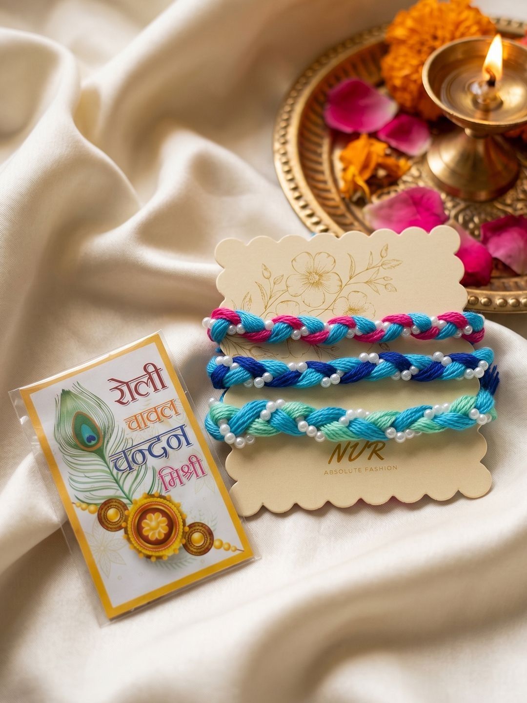 Anouk Set Of 3 Multicolor Thread Rakhi With Roli Chawal Chandan Mishri