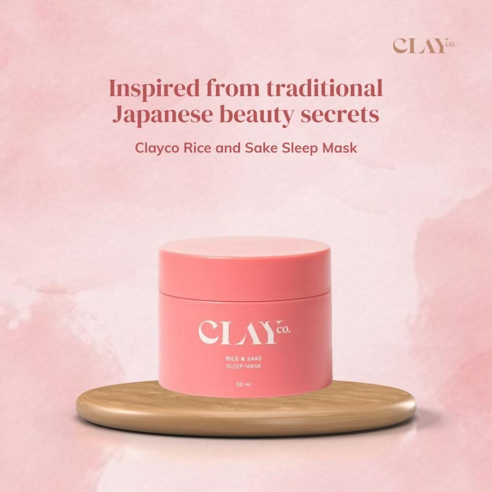 Clayco Rice & Sake Sleep Mask with Vitamin C in a jar, showing the creamy face mask texture.