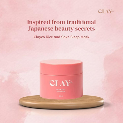 Clayco Rice & Sake Sleep Mask with Vitamin C in a jar, showing the creamy face mask texture.